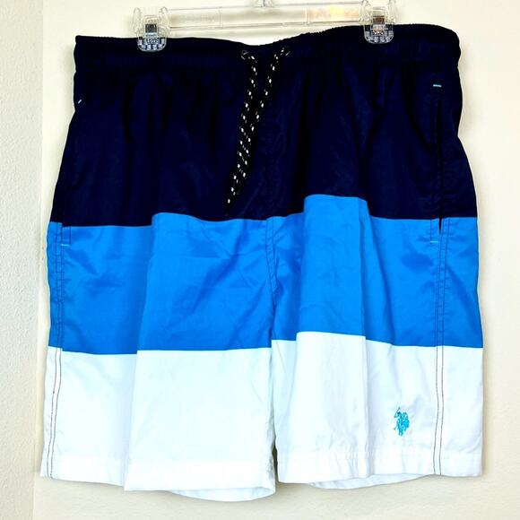 US POLO ASSN Mens Blue Nautical Colorblock Tie Swim Trunks XL Beach Stripe Pool - Picture 1 of 6